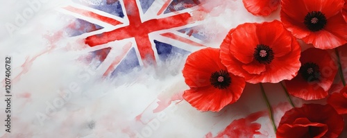 Anzac Day background with grunge watercolor Australia flag and poppy flowers. Remembrance symbol. Lest we forget.