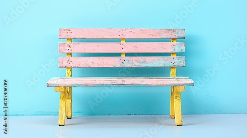 Compact Bench Created From Recycled Pallets with a Vibrant Painted Finish Against a Soft Blue Background photo