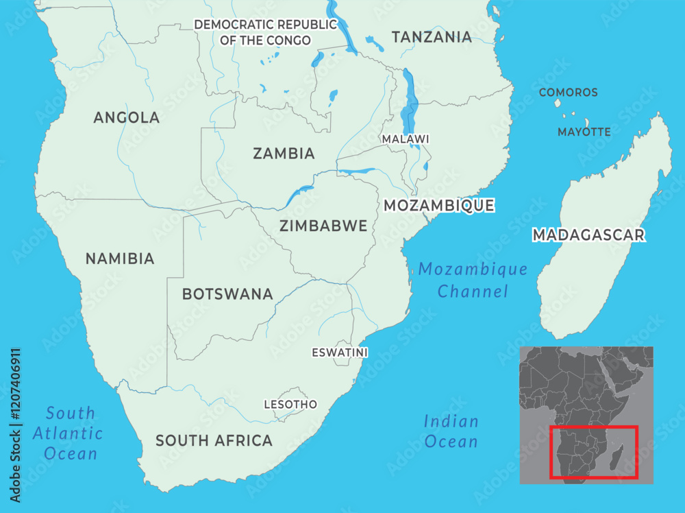 Obraz premium Southern Africa map highlighting countries, borders, and name