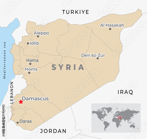 Syria Political Map with capital Damascus, national borders, most important cities