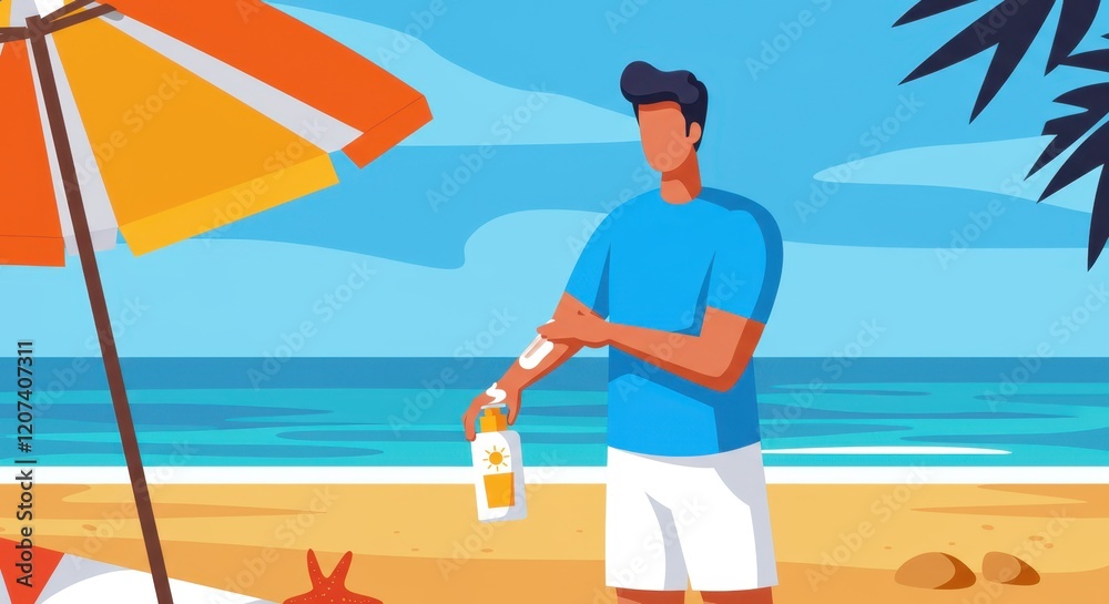 Man applying sunscreen on beach: vibrant summer vacation scene