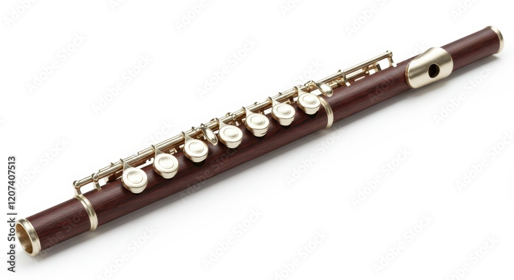 Naklejka premium Elegant wooden flute with gold accents on white background