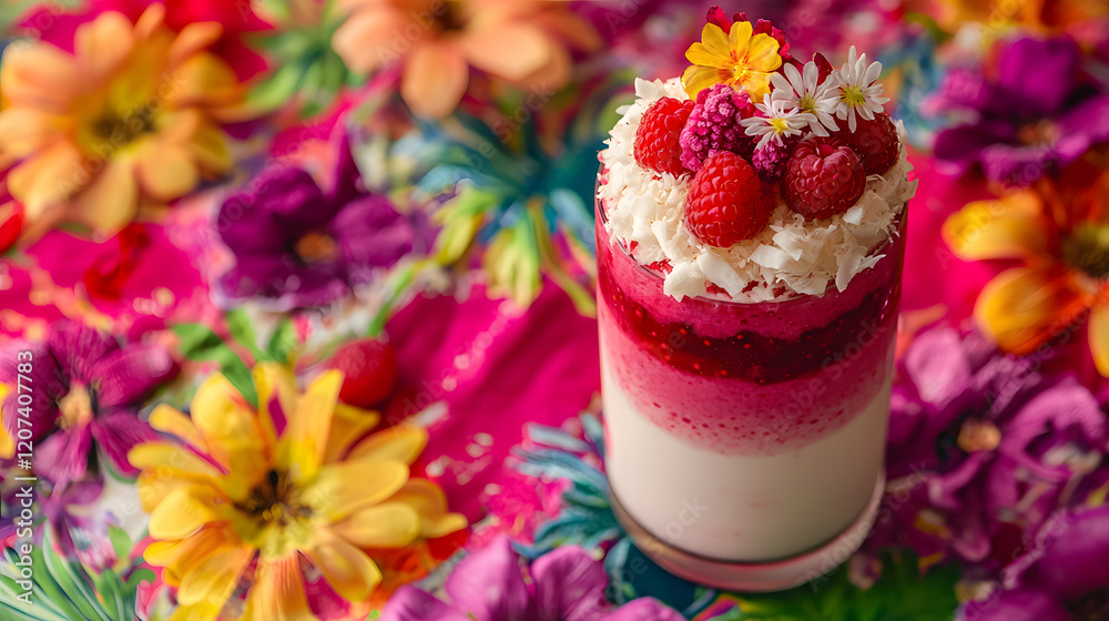 vibrant smoothie with layers of pink and white, topped with raspberries and flowers, surrounded by colorful blossoms