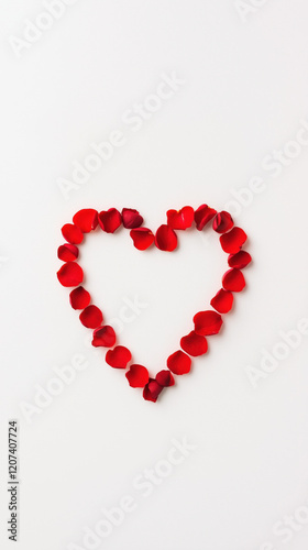 Heart shape made of vibrant red rose petals on white background