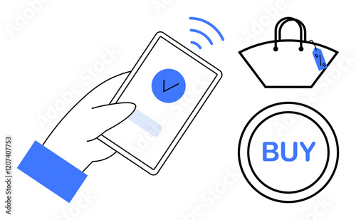 Hand holding smartphone with confirmation check mark, shopping bag with price tag, and buy button. Ideal for e-commerce, mobile payment, online shopping, digital transactions, retail, purchasing