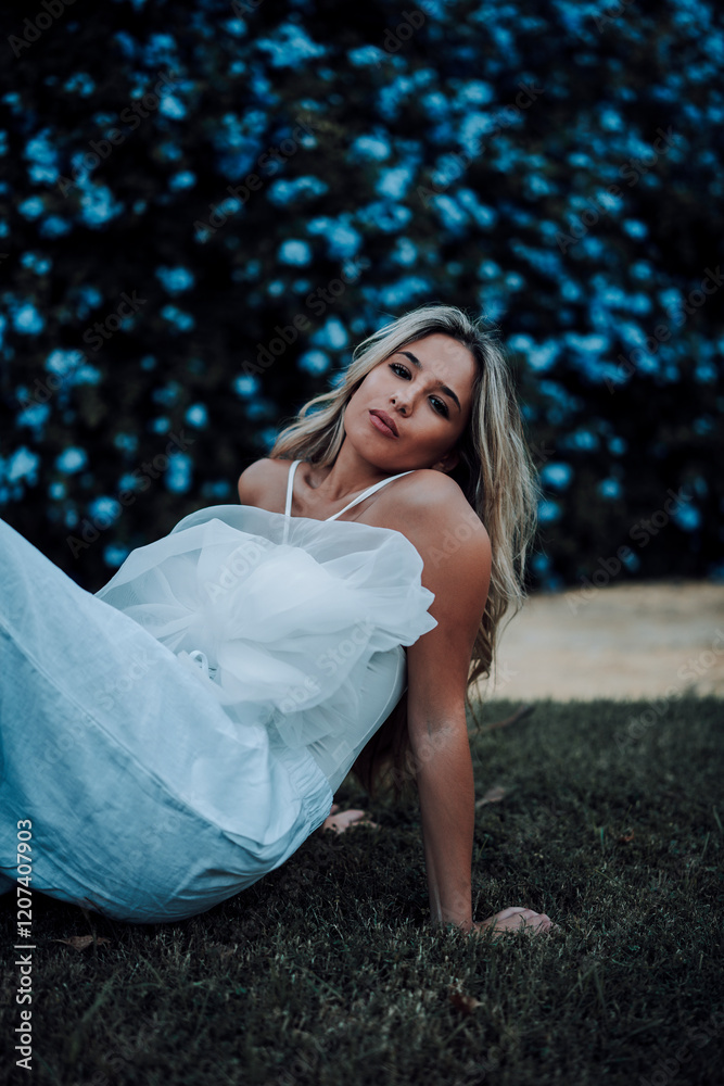 Chica rubia joven posando frente a cámara en jardin urbano