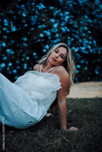 Obraz na płótnie Chica rubia joven posando frente a cámara en jardin urbano w salonie