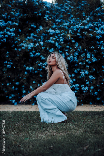 Obraz na płótnie Chica rubia joven posando frente a cámara en jardin urbano w salonie