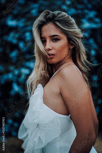 Obraz na płótnie Chica rubia joven posando frente a cámara en jardin urbano w salonie