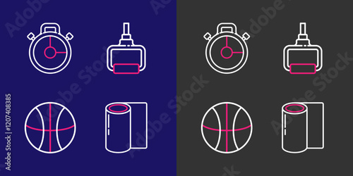 Set line Fitness mat roll, Basketball ball, TPX loop training equipment and Stopwatch icon. Vector