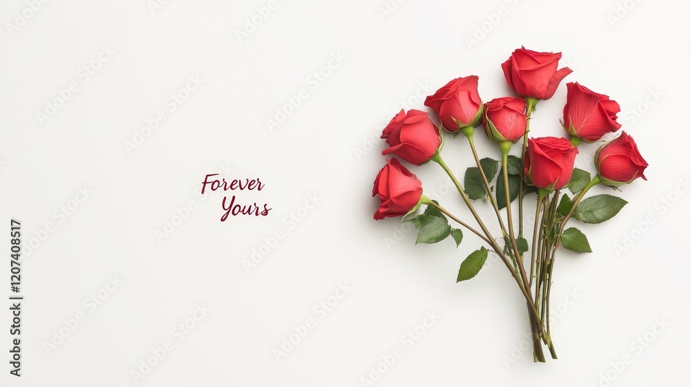 Fototapeta premium Elegant bouquet of red roses on a soft white background with a handwritten message saying 
