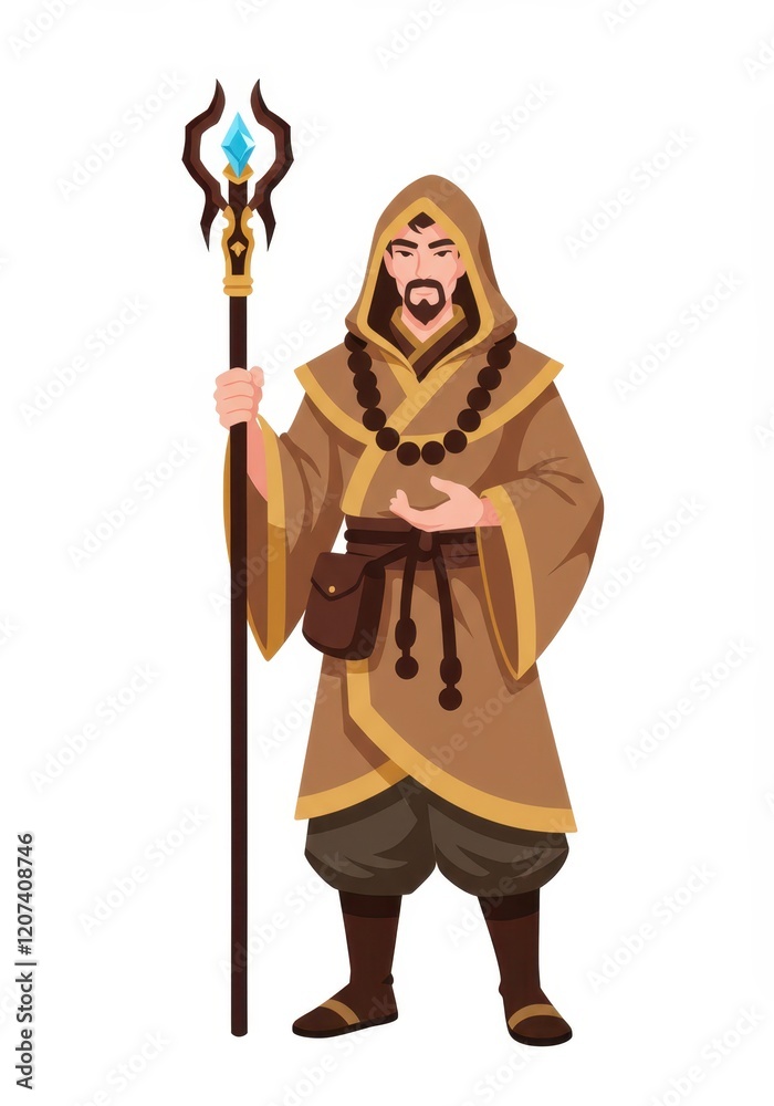 Mystical hooded mage holding a staff with blue gem on white background Mystical hooded mage holding a staff with blue gem on white background