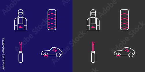 Set line Broken car, Screwdriver, Car tire wheel and mechanic icon. Vector