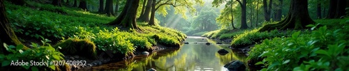 A meandering stream babbles through the forest, valley, nature, soft light photo