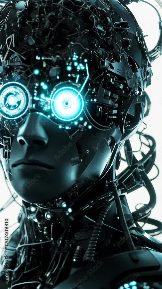 Futuristic humanoid robot with glowing blue eyes surrounded by intricate circuitry and wires Futuristic humanoid robot with glowing blue eyes surrounded by intricate circuitry and wires
