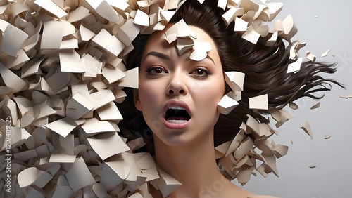 A 3D-rendered woman's face screaming as it shatters into pieces, symbolizing fragmentation and emotional intensity. The dramatic lighting and broken elements create a surreal and powerful visual effec