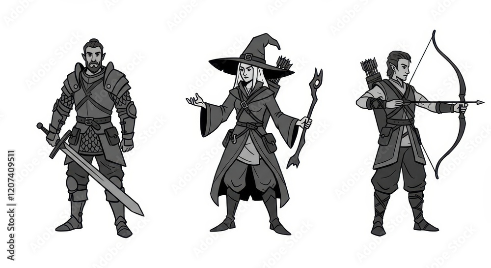 Fototapeta premium Medieval characters: warrior, wizard, and archer in monochrome fantasy art