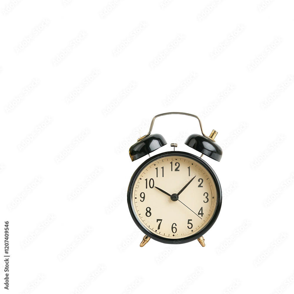Classic black alarm clock on a white background signifying time management., isolated on a transparent background. Classic black alarm clock on a white background signifying time management., isolated on a transparent background.
