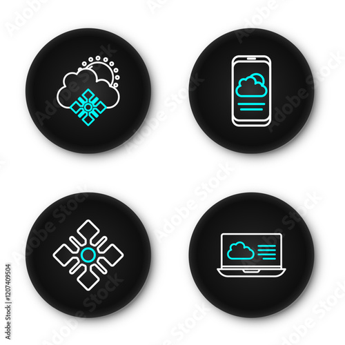 Set line Weather forecast, Snowflake, and Cloud with snow and sun icon. Vector