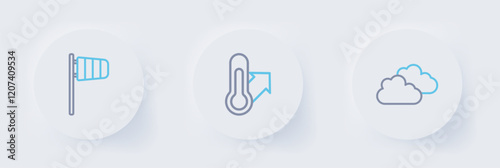 Set line Cloud, Meteorology thermometer and Cone windsock wind vane icon. Vector