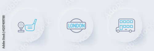 Set line Double decker bus, London sign and Golf club with ball tee icon. Vector