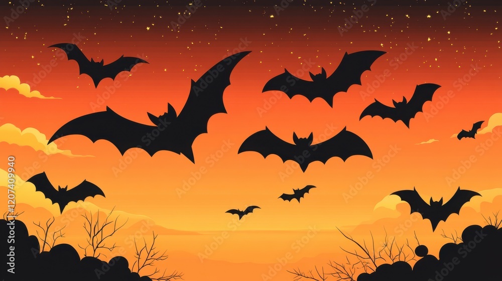 A vibrant Halloween scene with bats in various sizes flying against a gradient orange and black background, with subtle stars and clouds for a haunting effect. A vibrant Halloween scene with bats in various sizes flying against a gradient orange and black background, with subtle stars and clouds for a haunting effect.