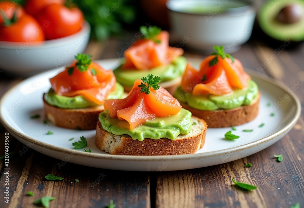 Avocado & Salmon Bruschetta: Text Space, Platter View, Appetizer Set, High Quality, Simple, Modern Design, Rustic Charm, Food Still Life.
Avocado & Salmon Bruschetta: Text Space, Platter View, Appetizer Set, High Quality, Simple, Modern Design, Rustic Charm, Food Still Life.