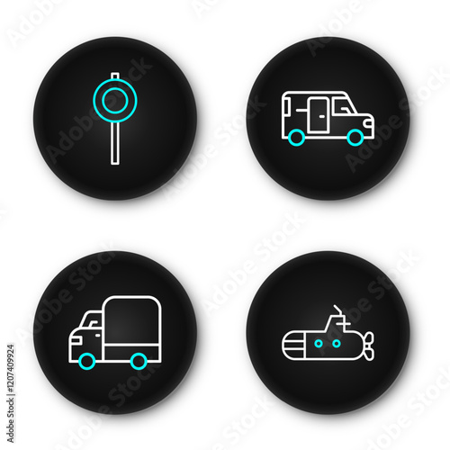 Set line Submarine, Delivery cargo truck, Minibus and Road traffic signpost icon. Vector