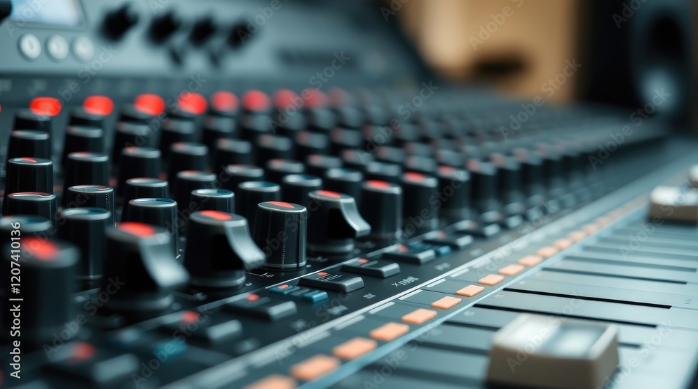 mixing console's surface The image focuses on the detail of the knobs, faders, and buttons, highlighting their metallic texture and subtle lighting background mixing console's surface The image focuses on the detail of the knobs, faders, and buttons, highlighting their metallic texture and subtle lighting background