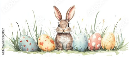 banner of watercolour illustration of bunny and easter eggs 