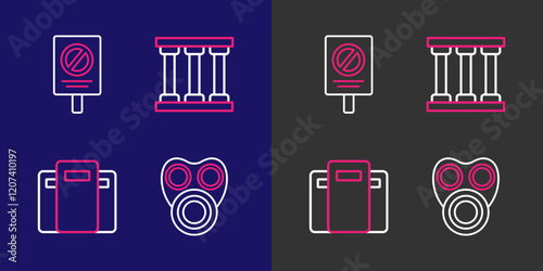 Set line Gas mask, Police assault shield, Prison window and Protest icon. Vector