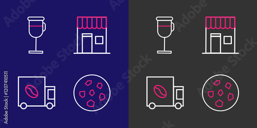 Set line Cookie or biscuit, Coffee street truck machine, shop and Irish coffee icon. Vector