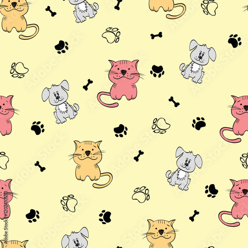 cute seamless pattern with funny cats and flowers on background illustration