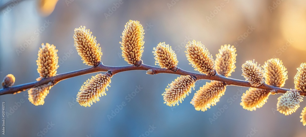 A branch of blooming willows bathed in soft sunlight, set against a blurred natural background, symbolizing spring and new growth, perfect for an Easter-themed banner with space for copy A branch of blooming willows bathed in soft sunlight, set against a blurred natural background, symbolizing spring and new growth, perfect for an Easter-themed banner with space for copy