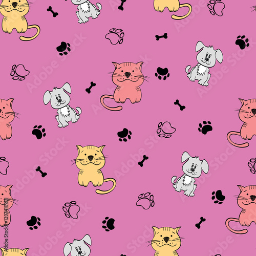 cute seamless pattern with funny cats and flowers on background illustration
