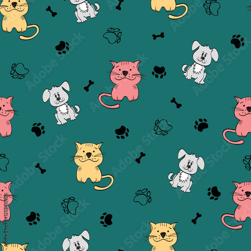 cute seamless pattern with funny cats and flowers on background illustration