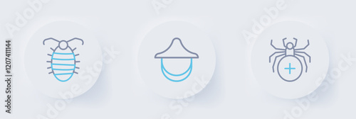Set line Spider, Beekeeper hat and Larva insect icon. Vector