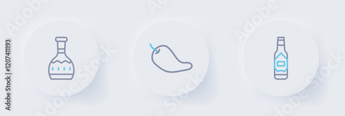 Set line Tabasco sauce, Hot chili pepper pod and Tequila bottle icon. Vector