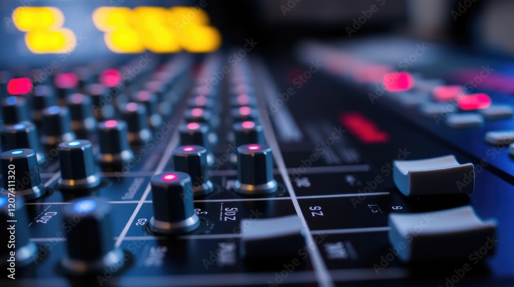 mixing console's surface The image focuses on the detail of the knobs, faders, and buttons, highlighting their metallic texture and subtle lighting background mixing console's surface The image focuses on the detail of the knobs, faders, and buttons, highlighting their metallic texture and subtle lighting background