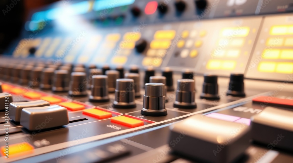 mixing console's surface The image focuses on the detail of the knobs, faders, and buttons, highlighting their metallic texture and subtle lighting background mixing console's surface The image focuses on the detail of the knobs, faders, and buttons, highlighting their metallic texture and subtle lighting background