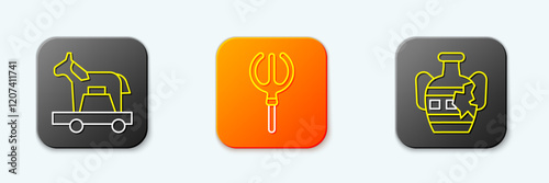Set line Trojan horse, Neptune Trident and Broken amphorae icon. Vector