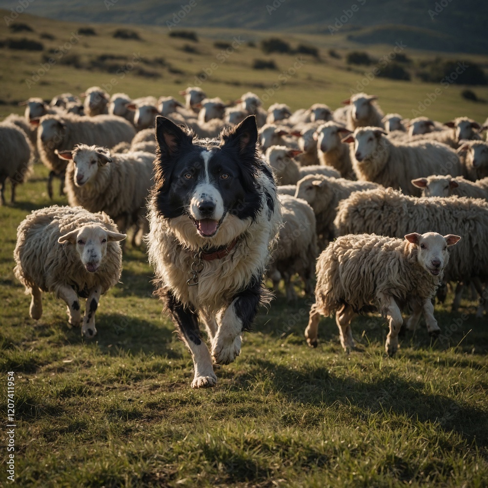 Fototapeta premium A sheepdog herding a group of sheep across the field.