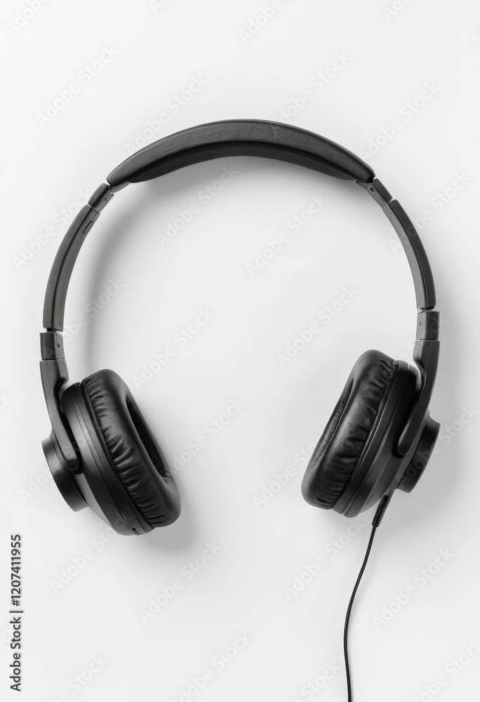A top view of high-quality black headphones with plush cushioning on a clean white background, showcasing their modern design and comfort, ideal for marketing and product showcases A top view of high-quality black headphones with plush cushioning on a clean white background, showcasing their modern design and comfort, ideal for marketing and product showcases