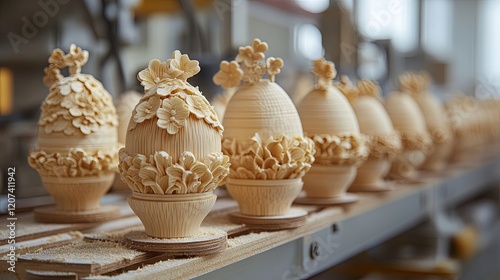 Wallpaper Mural Production of wooden Egg decorating in Slavic culture at the modern factory, spring time, easter holiday Torontodigital.ca