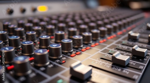 mixing console's surface The image focuses on the detail of the knobs, faders, and buttons, highlighting their metallic texture and subtle lighting background