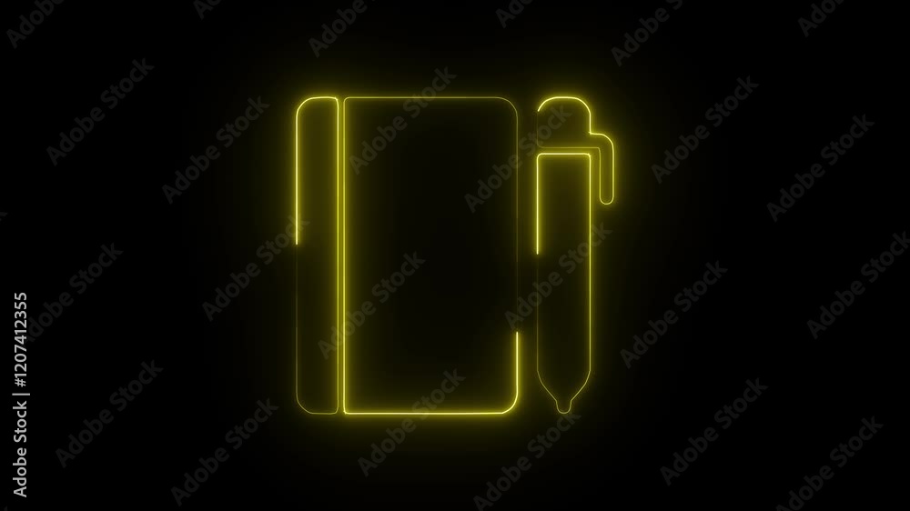 Glowing Neon Notebook Icon Animation on Black Background, HD Motion Graphic Video Representing Notes and Writing Tools Glowing Neon Notebook Icon Animation on Black Background, HD Motion Graphic Video Representing Notes and Writing Tools