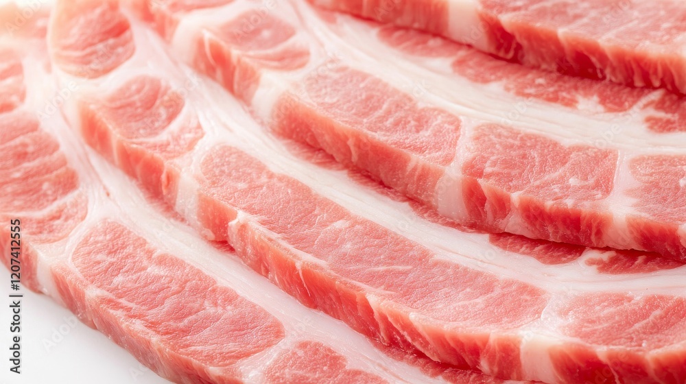 Thinly sliced pork belly arranged neatly on a white surface. Thinly sliced pork belly arranged neatly on a white surface.
