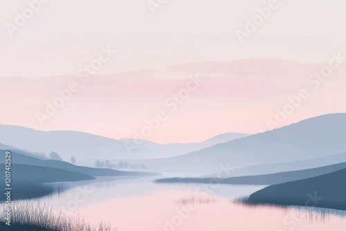 A calm river flows through the center with subtle reflections of the surrounding mountains