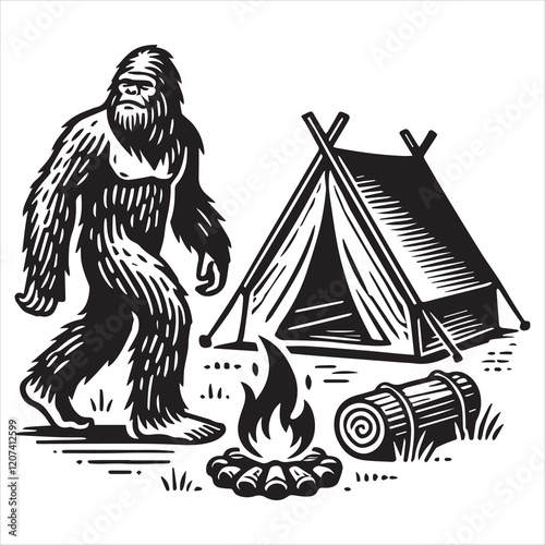 Bigfoot Sasquatch Camping vector illustration