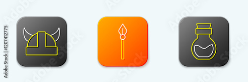 Set line Viking in horned helmet, Medieval spear and Poison bottle icon. Vector